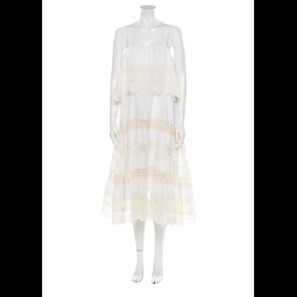 Mes Demoiselles Square Neckline Lace Trim Midi Dress